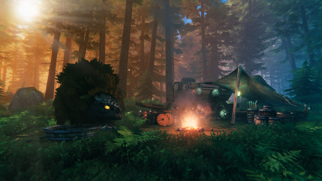 A longship at sea in Valheim, official screenshot